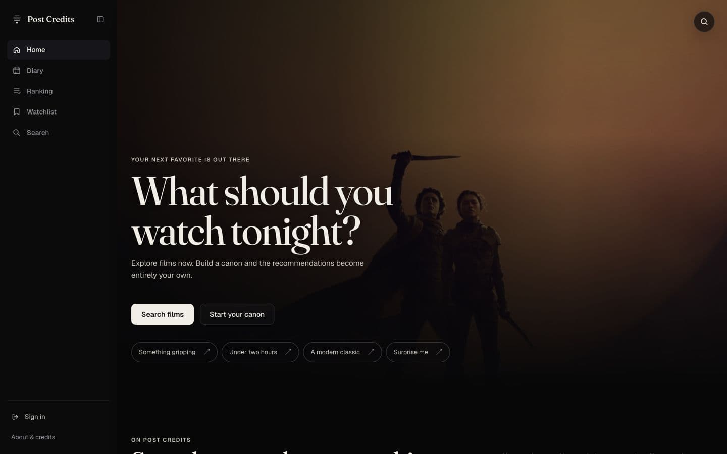 Post Credits home and discovery interface