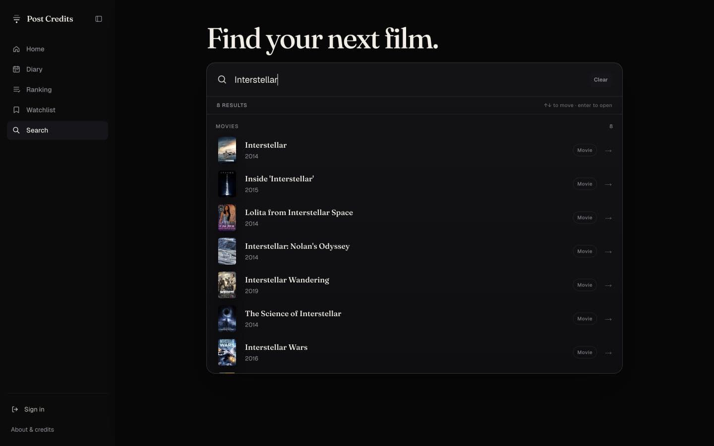 Post Credits movie search interface